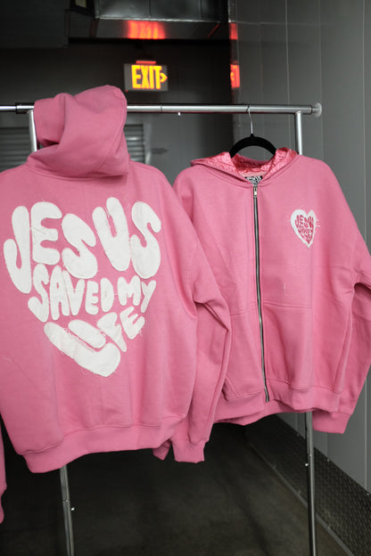 “Jesus Saved My Life”Pink Zip-Up Hoodie