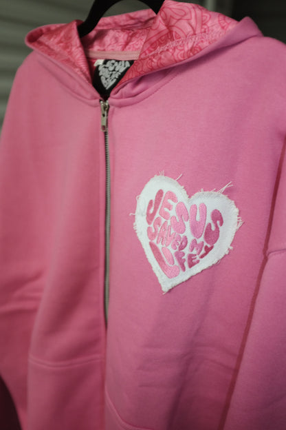 “Jesus Saved My Life”Pink Zip-Up Hoodie