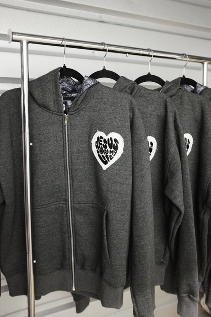 “Jesus Saved My Life” Heather Grey Zip-Up Hoodie