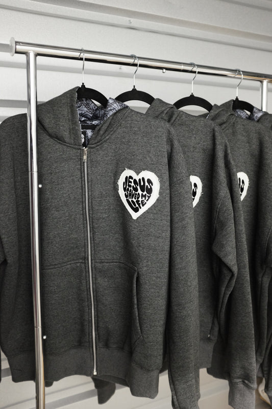 “Jesus Saved My Life” Heather Grey Zip-Up Hoodie