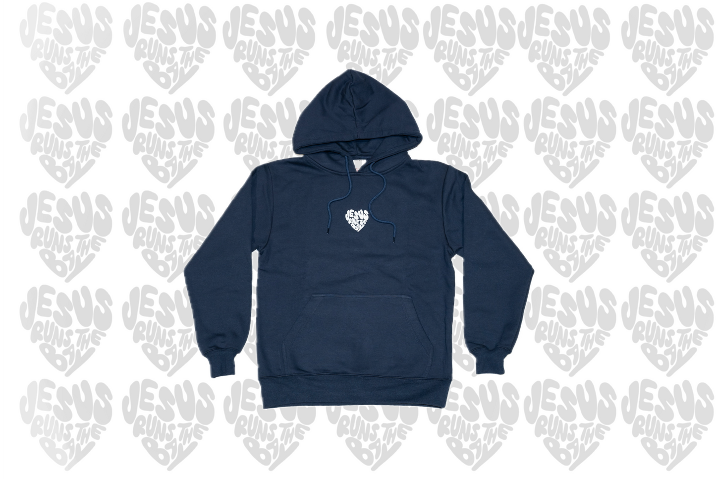 “Jesus Runs The Bay" Minimal Navy Blue Hoodie