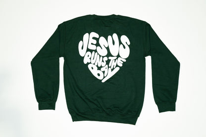 *PRE-ORDER* "Jesus Runs The Bay" Forest Green Puff Print Sweatshirt